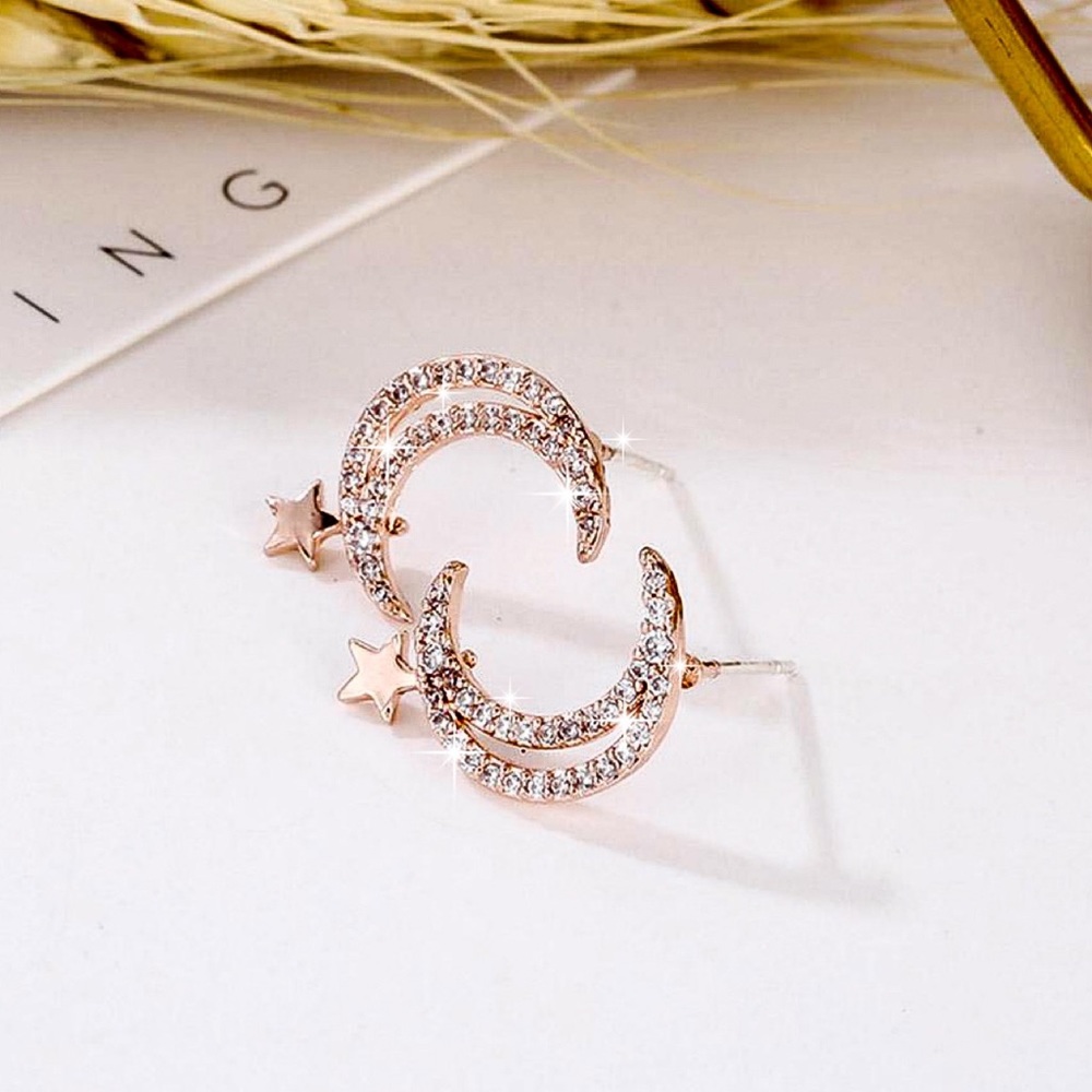 Rose Gold/Crystal Pave Half Moon/Star Earrings - Picture 2 of 6